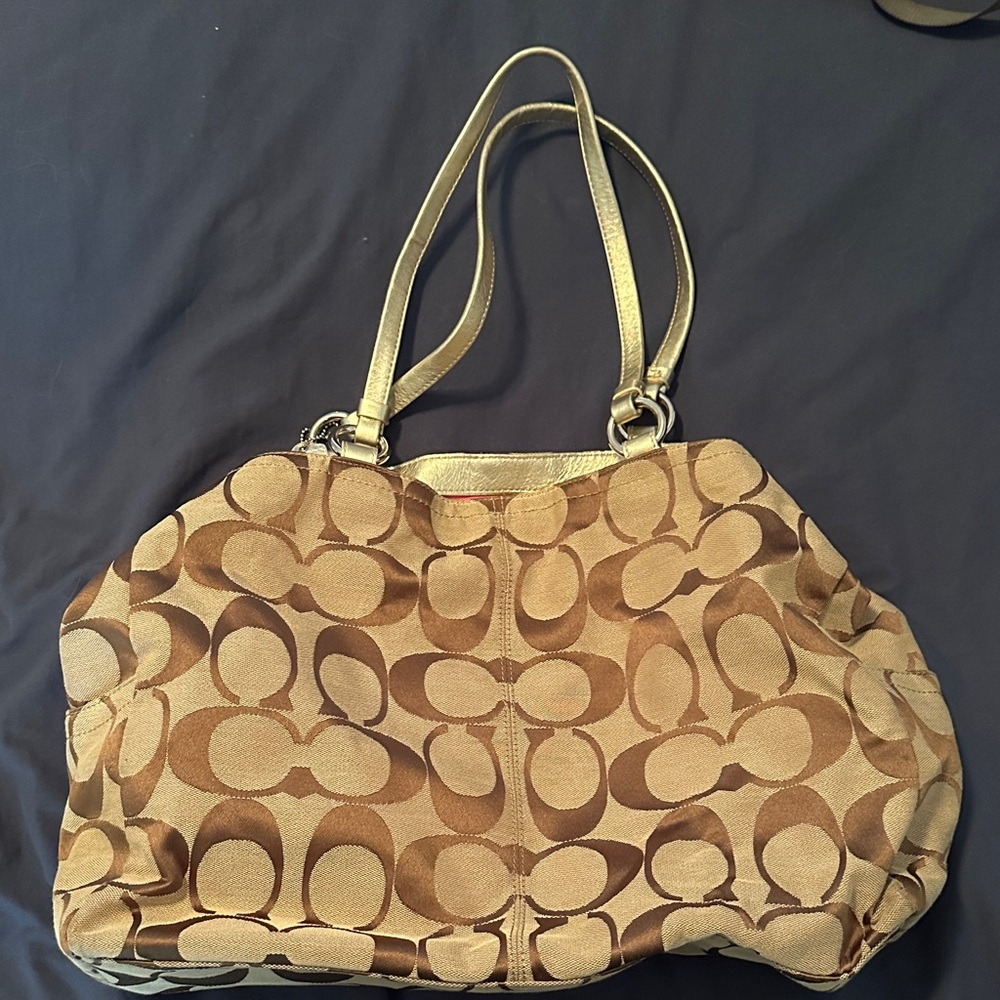 Coach Tan and Gold Signature Shoulder Bag